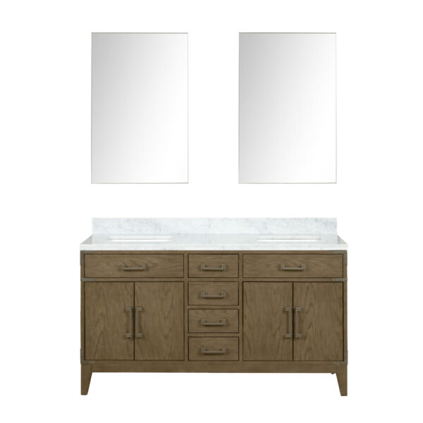 Laurel 60W x 22D Grey Oak Double Bath Vanity, Carrara Marble Top, and 28Mirrors