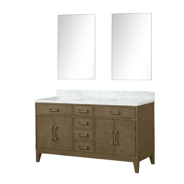 Laurel 60W x 22D Grey Oak Double Bath Vanity, Carrara Marble Top, and 28Mirrors