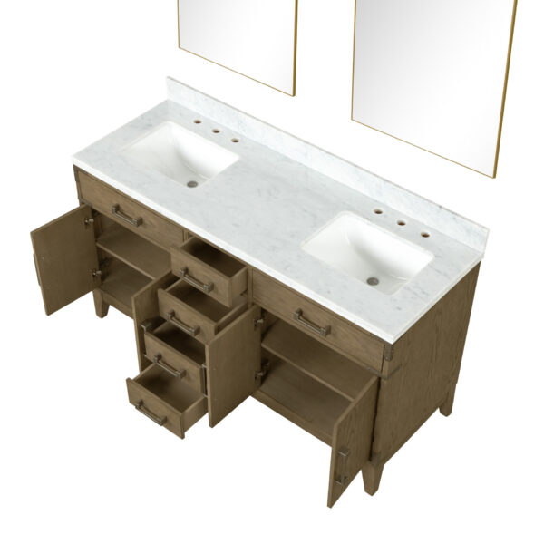 Laurel 60W x 22D Grey Oak Double Bath Vanity, Carrara Marble Top, and 28Mirrors