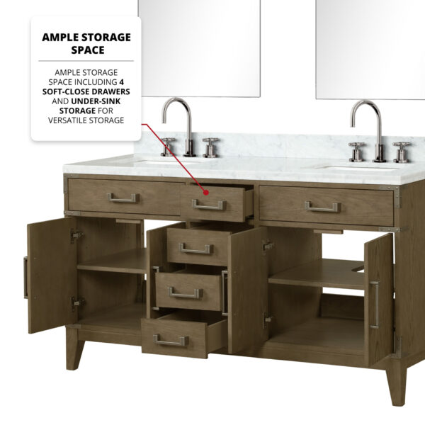 Laurel 60W x 22D Grey Oak Double Bath Vanity and Carrara Marble Top