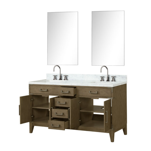 Laurel 60W x 22D Grey Oak Double Bath Vanity, Carrara Marble Top, Faucet Set, and 28Mirrors