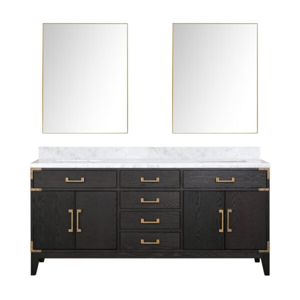 Laurel 72W x 22D Black Oak Double Bath Vanity, Carrara Marble Top, and 34Mirrors