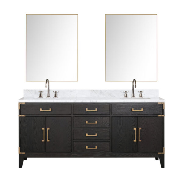 Laurel 72W x 22D Black Oak Double Bath Vanity, Carrara Marble Top, Faucet Set, and 34Mirrors