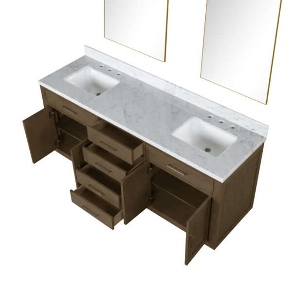 Abbey 72W x 22D Grey Oak Double Bath Vanity, Carrara Marble Top, and 34Mirrors