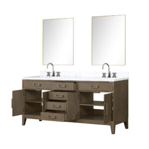 Laurel 72W x 22D Grey Oak Double Bath Vanity, Carrara Marble Top, Faucet Set, and 34Mirrors