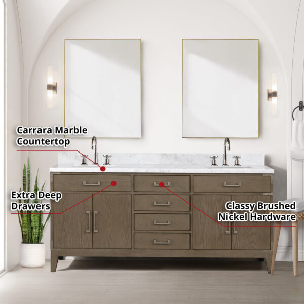 Laurel 72W x 22D Grey Oak Double Bath Vanity and Carrara Marble Top