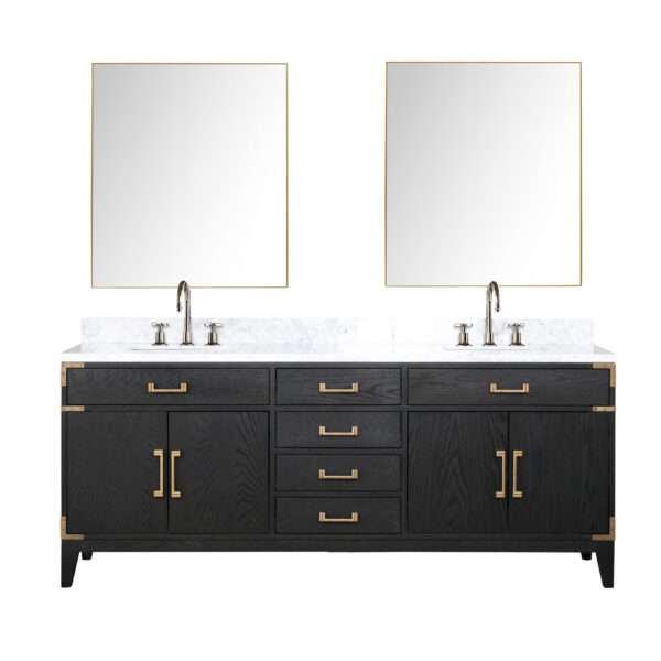 Laurel 80W x 22D Black Oak Double Bath Vanity, Carrara Marble Top, Faucet Set, and 36Mirrors