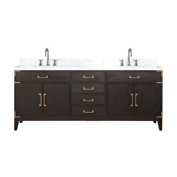 Laurel 80W x 22D Brown Oak Double Bath Vanity, Carrara Marble Top, and Faucet Set