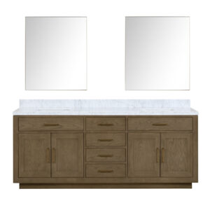 Abbey 84W x 22D Grey Oak Double Bath Vanity, Carrara Marble Top, and 36Mirrors