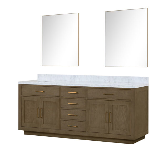 Abbey 84W x 22D Grey Oak Double Bath Vanity, Carrara Marble Top, and 36Mirrors