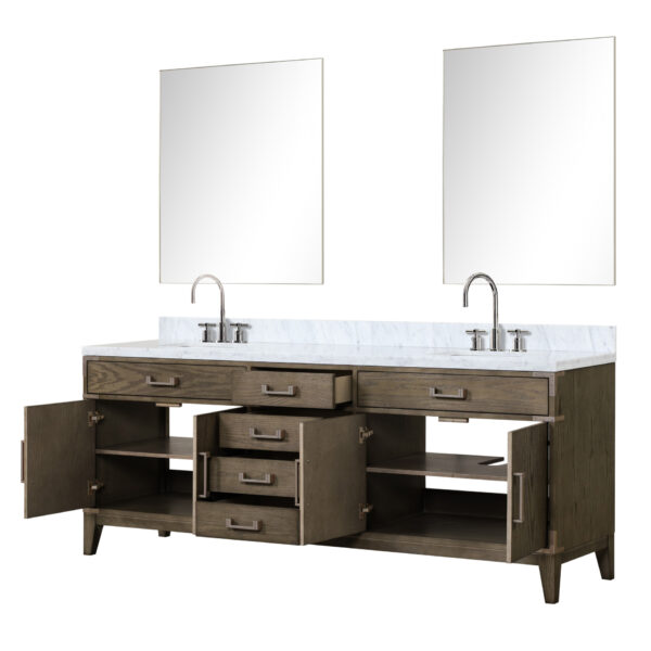 Laurel 84W x 22D Grey Oak Double Bath Vanity, Carrara Marble Top, Faucet Set, and 36Mirrors