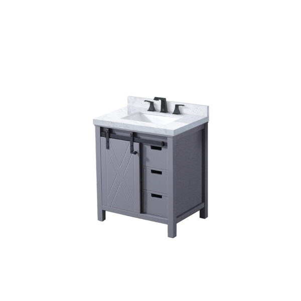 Marsyas 30W x 22D Dark Grey Bath Vanity, Carrara Marble Countertop and Faucet Set