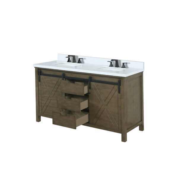 Marsyas 60W x 22D Rustic Brown Double Bath Vanity, Cultured Marble Countertop and Faucet Set