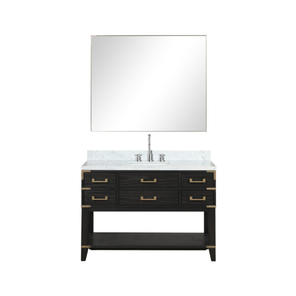 Norwalk 48W x 22D Black Oak Single Bath Vanity, Carrara Marble Top, Faucet Set, and 46Mirror