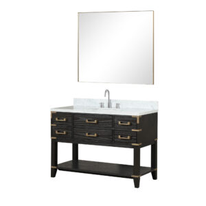 Norwalk 48W x 22D Black Oak Single Bath Vanity, Carrara Marble Top, Faucet Set, and 46Mirror