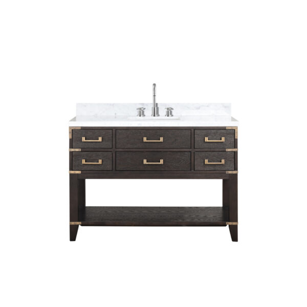 Norwalk 48W x 22D Brown Oak Single Bath Vanity, Carrara Marble Top, and Faucet Set