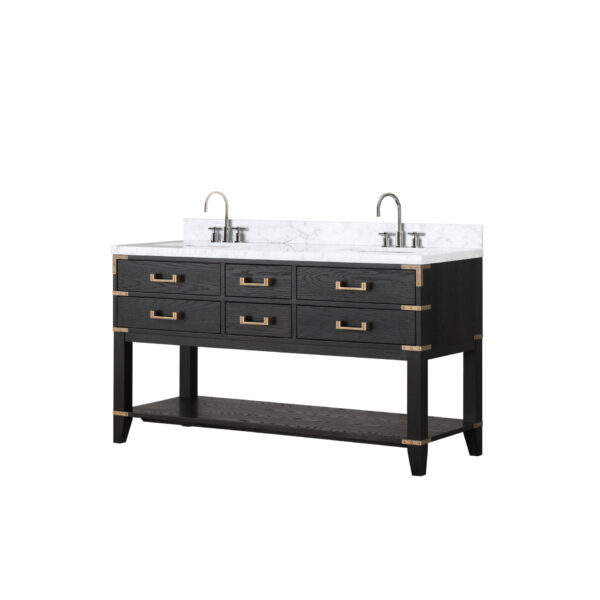 Norwalk 60W x 22D Black Oak Double Bath Vanity, Carrara Marble Top, and Faucet Set