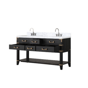 Norwalk 60W x 22D Black Oak Double Bath Vanity, Carrara Marble Top, and Faucet Set