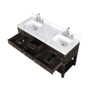 Norwalk 60W x 22D Brown Oak Double Bath Vanity, Carrara Marble Top, and Faucet Set