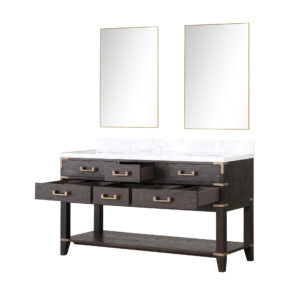 Norwalk 60W x 22D Brown Oak Double Bath Vanity, Carrara Marble Top, and 28Mirrors