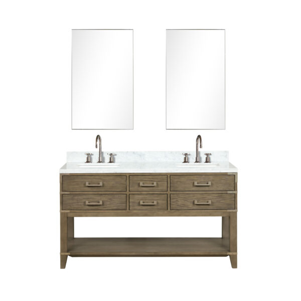 Norwalk 60W x 22D Grey Oak Double Bath Vanity, Carrara Marble Top, Faucet Set, and 28Mirrors