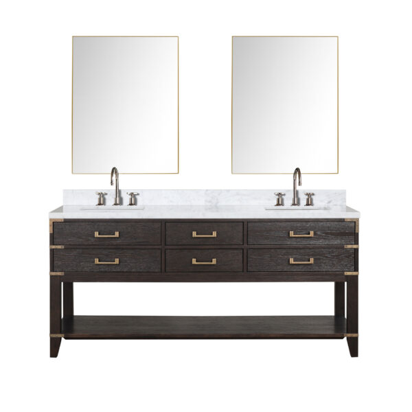 Norwalk 72W x 22D Brown Oak Double Bath Vanity, Carrara Marble Top, Faucet Set, and 34Mirrors