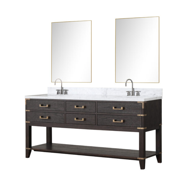 Norwalk 72W x 22D Brown Oak Double Bath Vanity, Carrara Marble Top, Faucet Set, and 34Mirrors