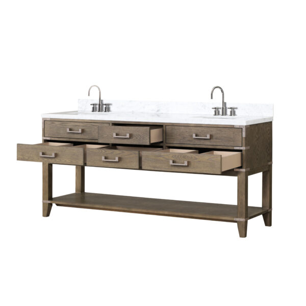 Norwalk 72W x 22D Grey Oak Double Bath Vanity, Carrara Marble Top, and Faucet Set