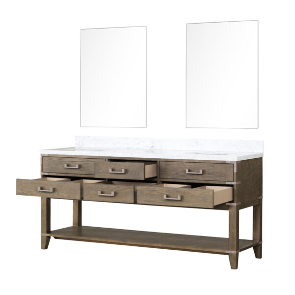 Norwalk 72W x 22D Grey Oak Double Bath Vanity, Carrara Marble Top, and 34Mirrors