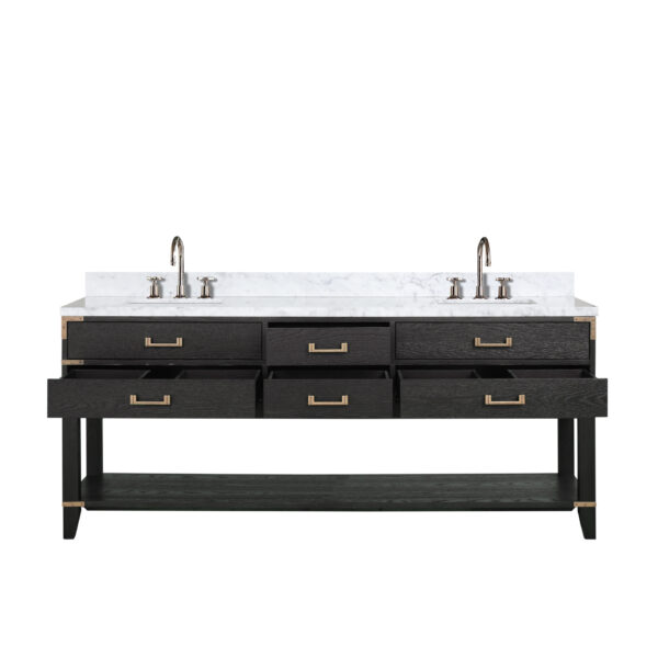 Norwalk 80W x 22D Black Oak Double Bath Vanity, Carrara Marble Top, and Faucet Set