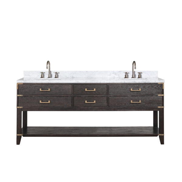 Norwalk 80W x 22D Brown Oak Double Bath Vanity, Carrara Marble Top, and Faucet Set