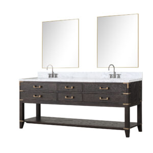 Norwalk 80W x 22D Brown Oak Double Bath Vanity, Carrara Marble Top, Faucet Set, and 36Mirrors