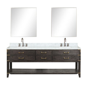 Norwalk 84W x 22D Brown Oak Double Bath Vanity, Carrara Marble Top, Faucet Set, and 36Mirrors