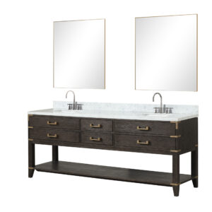 Norwalk 84W x 22D Brown Oak Double Bath Vanity, Carrara Marble Top, Faucet Set, and 36Mirrors