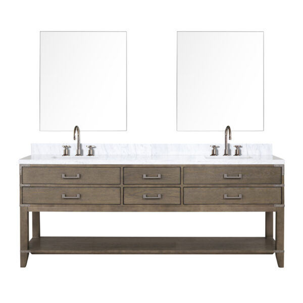 Norwalk 84W x 22D Grey Oak Double Bath Vanity, Carrara Marble Top, Faucet Set, and 36Mirrors