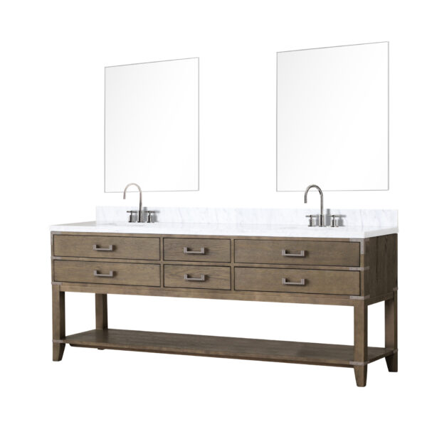 Norwalk 84W x 22D Grey Oak Double Bath Vanity, Carrara Marble Top, Faucet Set, and 36Mirrors