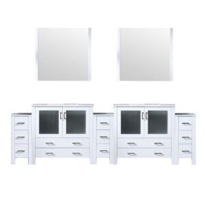 Volez 108W x 18.25D White Double Bath Vanity with Side Cabinets, White Ceramic Top, and 34Mirrors