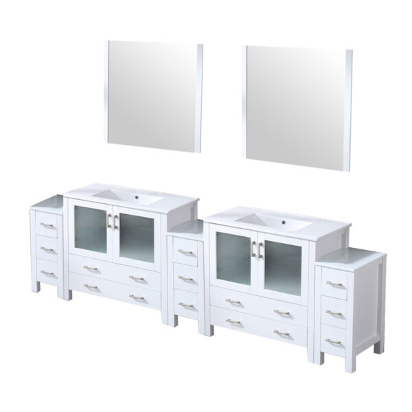 Volez 108W x 18.25D White Double Bath Vanity with Side Cabinets, White Ceramic Top, and 34Mirrors