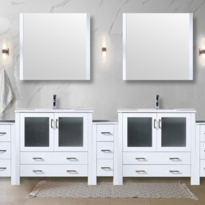 Volez 108W x 18.25D White Double Bath Vanity with Side Cabinets, and White Ceramic Top