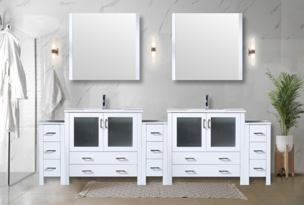 Volez 108W x 18.25D White Double Bath Vanity with Side Cabinets, and White Ceramic Top