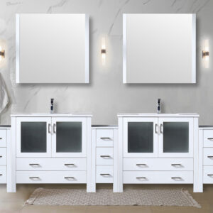 Volez 108W x 18.25D White Double Bath Vanity with Side Cabinets, and White Ceramic Top