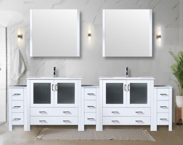 Volez 108W x 18.25D White Double Bath Vanity with Side Cabinets, and White Ceramic Top