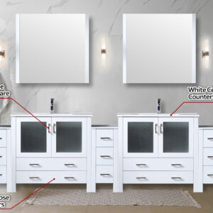 Volez 108W x 18.25D White Double Bath Vanity with Side Cabinets, and White Ceramic Top