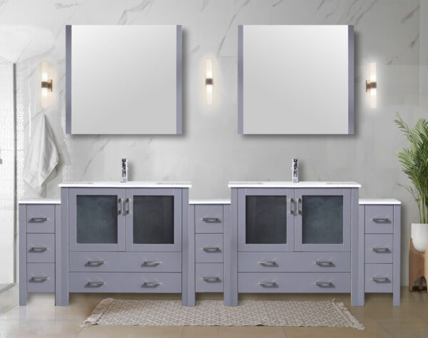 Volez 108W x 18.25D Dark Grey Double Bath Vanity with Side Cabinets, and White Ceramic Top