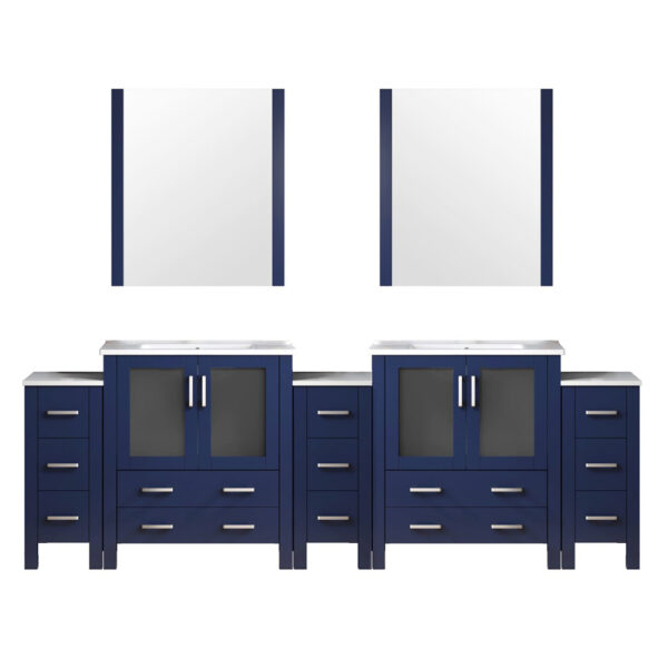 Volez 108W x 18.25D Navy Blue Double Bath Vanity with Side Cabinets, White Ceramic Top, and 34Mirrors