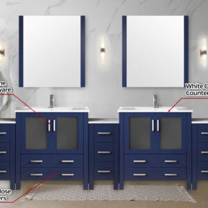 Volez 108W x 18.25D Navy Blue Double Bath Vanity with Side Cabinets, and White Ceramic Top