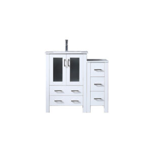 Volez 36W x 18.25D White Single Bath Vanity with Side Cabinet, White Ceramic Top, and Faucet Set