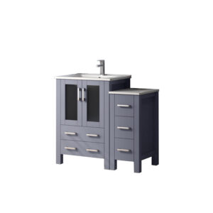 Volez 36W x 18.25D Dark Grey Single Bath Vanity with Side Cabinet, White Ceramic Top, and Faucet Set