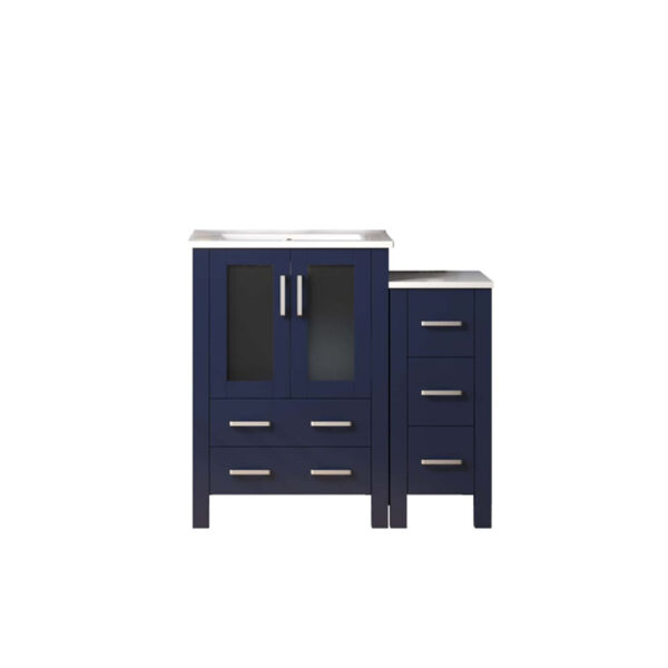 Volez 36W x 18.25D Navy Blue Single Bath Vanity with Side Cabinet, and White Ceramic Top