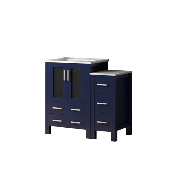 Volez 36W x 18.25D Navy Blue Single Bath Vanity with Side Cabinet, and White Ceramic Top